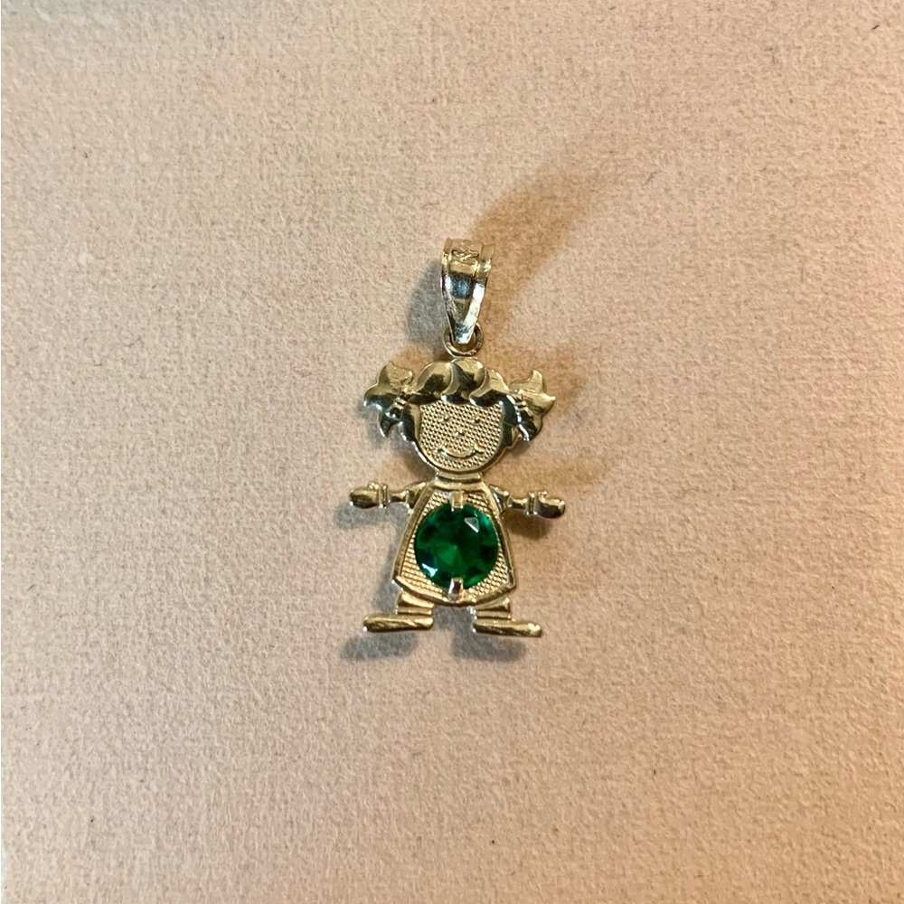 Solid 14k Yellow Gold Little Girl Pendant Charm May Emerald Color Birthstone